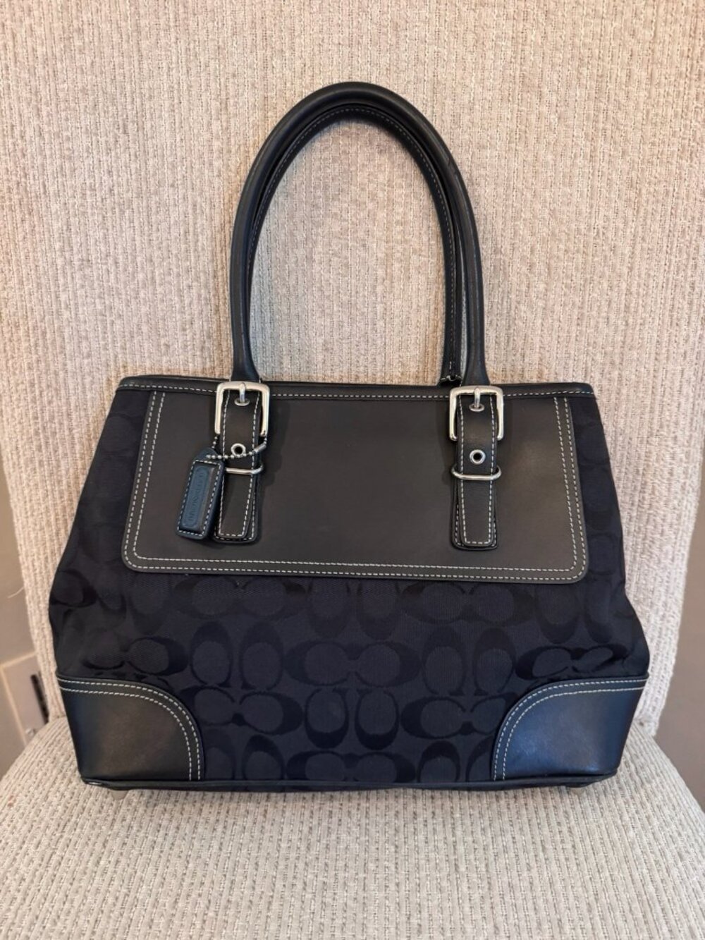 VTG Coach Purse Signature Jacquard Hampton Black Handbag Canvas/Leather F06366